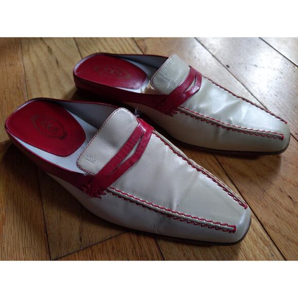Tod's Cream Red Leather Mules Slides Italian Designer Size 5 Made in Italy - Picture 1 of 11